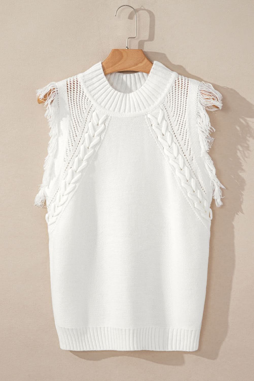 White Woven Tasseled Sleeveless Mock Neck Sweater Vest - Love Salve